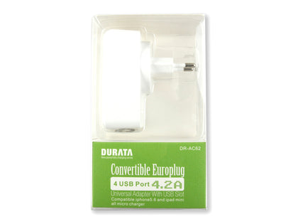 Durata AC Adaptor Convertible Plug For Europe 4USB Port 4.2A White DR-AC62